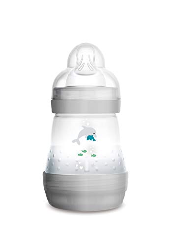 MAM Easy Start Anti-Colic Babyflasche (160 ml) – Milchflasche mit innovativem Bodenventil gegen Koliken – Baby Trinkflasche mit Sauger Größe 1, ab der Geburt, Delphin, grau