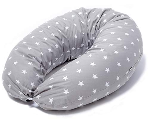 Niimo Stillkissen Seitenschläferkissen Schwangerschaftskissen zum Schlafen Lagerungskissen mit Bezug aus 100% Baumwolle Grau mit Weißen Sterne für Mutter und Baby