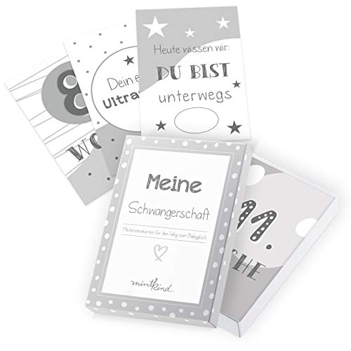 Mintkind ® Schwangerschaft Meilensteinkarten grau | Meilensteinkarten für die Schwangerschaft | Geschenk-Idee zur Schwangerschaft | 26 Fotokarten im Set für Baby-Bauch Erinnerungen