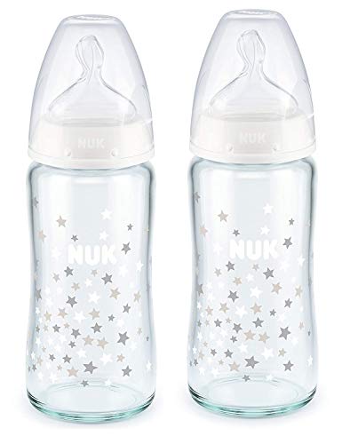 Nuk 10212023 First Choice Plus Babyflasche aus Glas, 240ml, Silikon-Trinksauger, Größe 0-6 Monate, M, weiss, 2er Pack (2 Flaschen)
