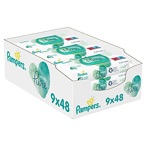 Pampers Aqua Pure Baby Feuchttücher, 432 Tücher (9 x 48) Mit 99% Purem Wasser, Dermatologisch Getestet, Baby Erstausstattung Für Neugeborene