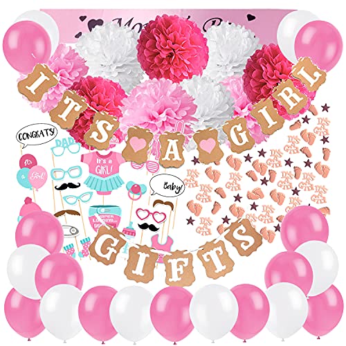 Zerodeco Baby Dusche Dekoration, It's A Girl und Gifts Girlande Banner mit Seidenpapier Pom Poms, Neugeborene Fotorequisiten Masken, Mum to Be Schärpe, Konfetti und Luftballons