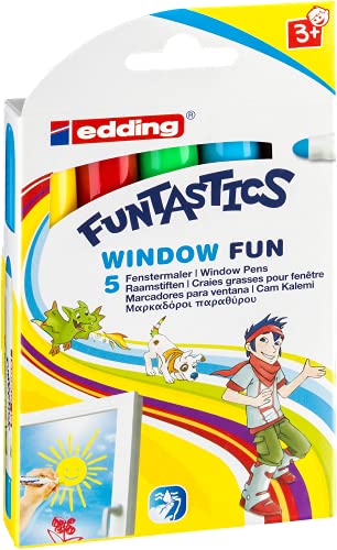 edding 16 - Fenstermaler für Kinder - 5er-Set - leuchtende Farben - für Malspaß auf Glas, Fenstern, Spiegeln - nass abwischbar, auswaschbar aus Textilien, ungiftig