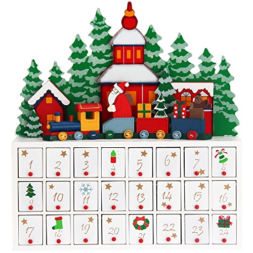 Spielwerk Wiederverwendbarer Adventskalender Winterlandschaft zum Befüllen 24 Türchen Bunt Bemalt Weihnachten Kinder DIY weihnachtliche Holz Dekoration